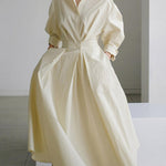 Elegant Pocket Button Lapel Collar Fold Solid Midi Dress