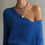 24-Hour-Shipping Blue Off‑Shoulder Mohair Sweater Dress With Lace Hem