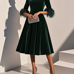 Dark Blue Feather-trimmed Velvet Round Neck Short-sleeved A-line Midi Dress