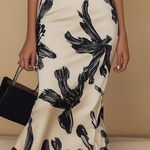 24-Hour-Shipping Off Shoulder Biege Midi Bodycon Dress With Black Elegant Print