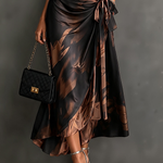 Red Black Abstract Print Wrap Midi Dress Collared V Neck Short Sleeve Tie Waist Ruffled High‑Low Hem Dress
