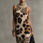 24-Hour-Shipping Brown Irregular Leopard Print Knitted Tassel Sleeveless Maxi Dress