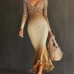 Light Brown Leopard Print Ombre Knit Fringed Hem Maxi Dress