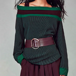 Elegant Off-Shoulder Color Block Sweater with Pleated Maxi Skirt Set