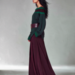 Elegant Off-Shoulder Color Block Sweater with Pleated Maxi Skirt Set