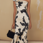24-Hour-Shipping Off Shoulder Biege Midi Bodycon Dress With Black Elegant Print