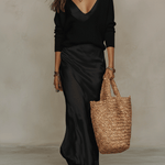 Elegant Knitted Pullover Top and Satin Midi Skirt Set