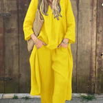 Linen Irregular Loose V-neck Top and High-Waisted Pocket Wide-leg Pants Set