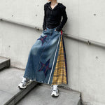 Paneled Contrast Plaid High-waist Denim Skirt