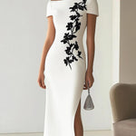 Chic Floral Print Boat Neck Midi Dress