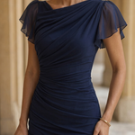 Navy Blue Asymmetrical Ruffle Hem Midi Chiffon Dress