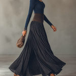 Navy Ribbed Knit Top And Waist Color Block Pleated Maxi Skirt Set
