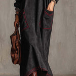 Black Faux Suede Maxi Dress With Red Contrast Stitching And Patch Pockets
