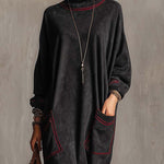 Black Faux Suede Maxi Dress With Red Contrast Stitching And Patch Pockets
