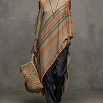 Khaki Linen Blend Printed Off Shoulder Dress With Fringe Hem
