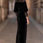Black Round Neck Lace Patchwork Velvet Puff Sleeve Midi Dress With Square Pearl Buckle Waist Belt