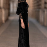 Black Round Neck Lace Patchwork Velvet Puff Sleeve Midi Dress With Square Pearl Buckle Waist Belt