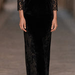 Black Round Neck Lace Patchwork Velvet Puff Sleeve Midi Dress With Square Pearl Buckle Waist Belt