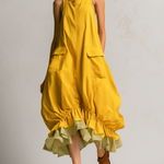 Yellow Sleeveless Big Pockets Layered Ruffle Hem Bubble Midi Dress