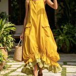 Yellow Sleeveless Big Pockets Layered Ruffle Hem Bubble Midi Dress