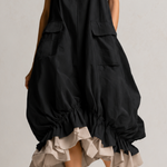 Black Sleeveless Big Pockets Layered Ruffle Hem Bubble Midi Dress