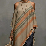 Khaki Linen Blend Printed Off Shoulder Dress With Fringe Hem