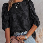 Zeagoo Five Quarter Sleeves Puff Sleeves Round Neck Top Chiffon Loose Flower Texture Casual Shirt