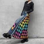 Paneled Contrast Plaid High-waist Denim Skirt