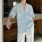 Stand Collar Embroidered Rhinestone V-neck Shirt