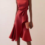 Red Sleeveless Midi Elegant A-line Dress with Waist Twist for Day-to-Night