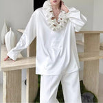 French V-neck Floral-Shaped Collar Vintage Satin Shirt