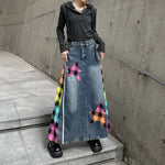 Paneled Contrast Plaid High-waist Denim Skirt