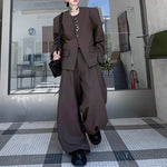Padded Shoulder Round Neck Jacket and Wide-leg Trousers Two-piece Set