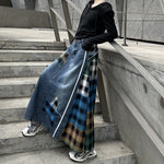 Paneled Contrast Plaid High-waist Denim Skirt