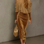 Light Brown Velvet Bodycon Maxi Dress With Chiffon Blouse Set