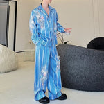 Blue Striped 3D Floral Striped Stage Shirt and Casual Pants Two-piece Set