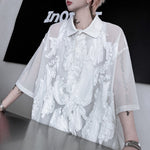 Mesh Embroidery Paneled Lapel Shirt
