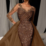 Evening Gown Dark Brown Sequined Lace Tulle Overskirt Mermaid Maxi Dress