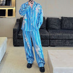 Blue Striped 3D Floral Striped Stage Shirt and Casual Pants Two-piece Set
