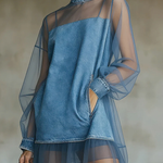 Denim Stand Collar Loose Long Sleeve Mini Dress