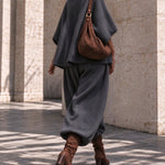 Dark Grey Oversized layered-collar toggle-fastening top and wide-leg trousers set