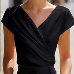 Elegant Satin Wrap V-Neck Short-Sleeve Shirt