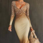 Light Brown Leopard Print Ombre Knit Fringed Hem Maxi Dress