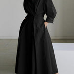 Elegant Pocket Button Lapel Collar Fold Solid Midi Dress