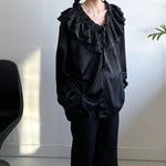 Padded Shoulder Ruffle Collar Loose Drape Shirt