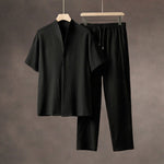 Summer Thin Ice Silk Short Sleeve V-Neck Cardigan Drawstring Pants Two-Piece Set