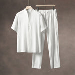 Summer Thin Ice Silk Short Sleeve V-Neck Cardigan Drawstring Pants Two-Piece Set