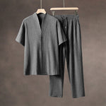 Summer Thin Ice Silk Short Sleeve V-Neck Cardigan Drawstring Pants Two-Piece Set