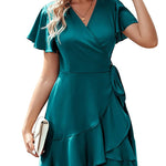 Zeagoo Women Stain Dress Wrap V Neck Short Sleeve Tie Waist Ruffle Mini Flowy Dresses (US Only)