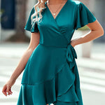 Zeagoo Women Stain Dress Wrap V Neck Short Sleeve Tie Waist Ruffle Mini Flowy Dresses (US Only)